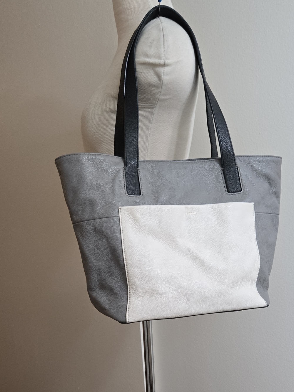 Fossil Gray and White Leather Tote with Black Handles